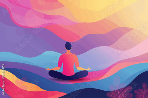 Young asian male meditating in vibrant colorful abstract landscape