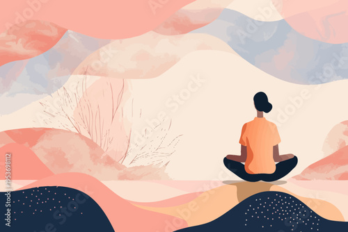 Woman meditating in abstract pastel landscape