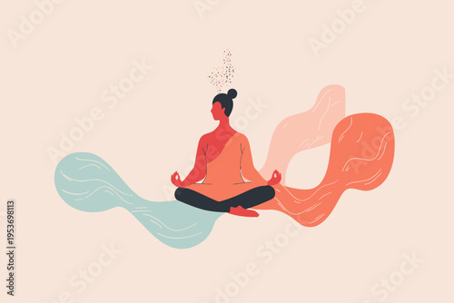 Serenity and balance: female meditating in abstract flowing colors