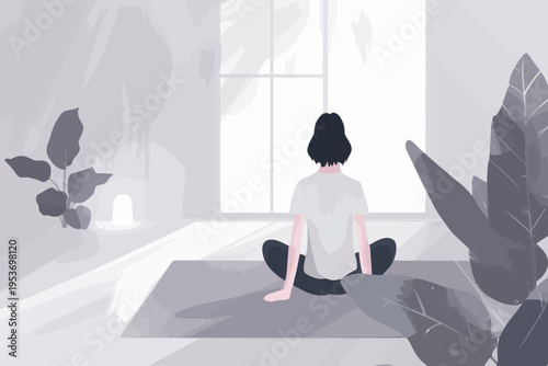 Asian female practicing yoga in serene minimalist room with large window