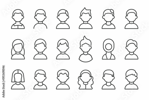 Line drawings of diverse people icons with various hairstyles and outfits