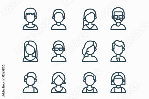 Set of simple line art avatars for diverse characters