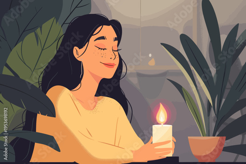 Hispanic female enjoying candlelight with plants in a tranquil setting