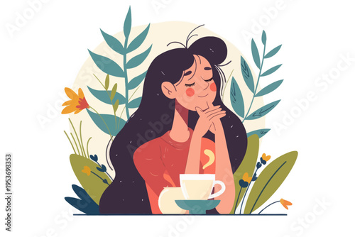 Content young female with long hair surrounded by plants enjoying a cup of tea