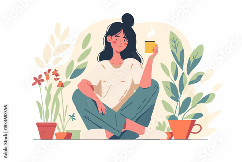 Young hispanic female relaxing with a hot drink among indoor plants