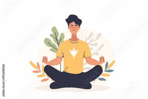 Young hispanic male meditating in nature with plants in relaxed pose