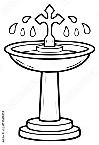 Ornate Baptismal Font with Splashing Water and Cross Emblem Illustration