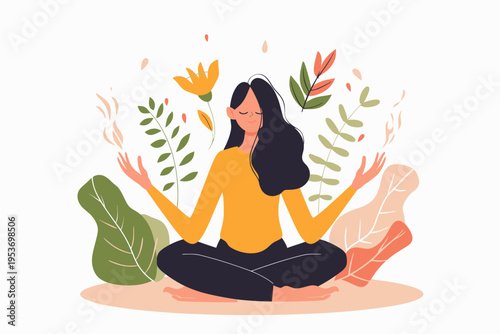 Young hispanic female practicing meditation with nature inspired elements
