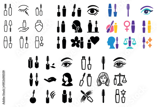 Makeup icons with mascara wand bottle flat style