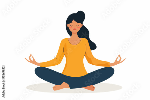 Young adult asian female meditating in yoga pose with calm expression