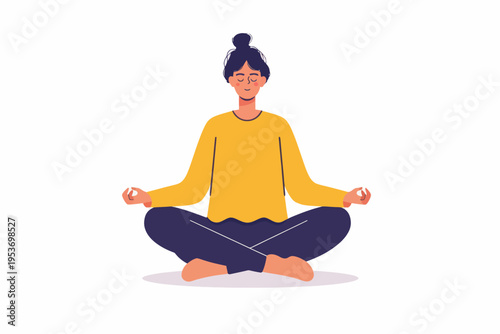Young asian female meditating in yoga pose with relaxed expression on white background