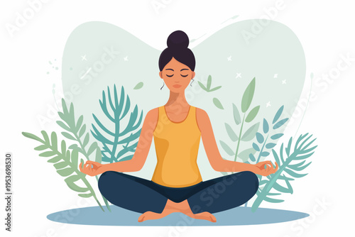 Young asian female meditating in nature with greenery background