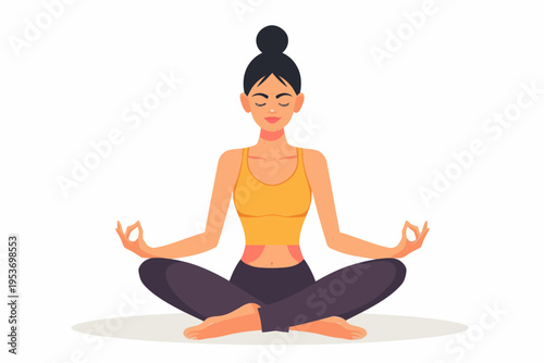 Asian female young adult meditating in lotus pose with orange top and black pants