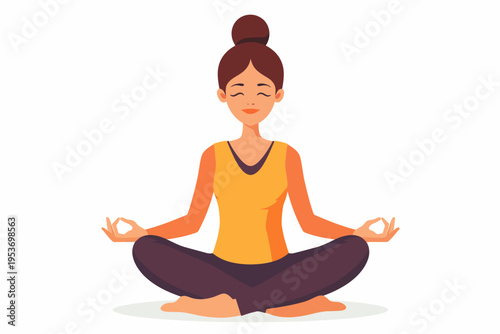 Asian young female meditating in lotus pose with relaxed expression and bun hairstyle