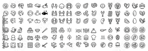 Seafood icons with fish crab oyster outline