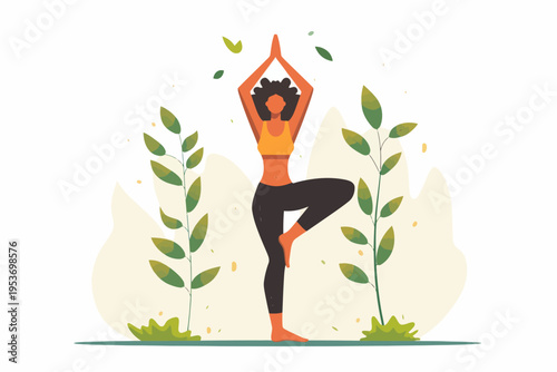 African female performing yoga tree pose outdoors with lush greenery