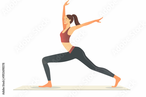 Young female practicing yoga in warrior pose on mat