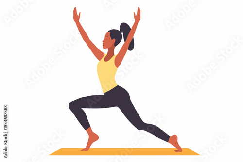 African female adult practicing yoga warrior pose on mat