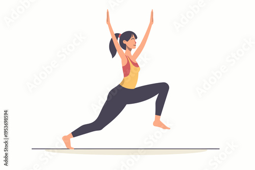 Asian female adult practicing yoga in warrior pose on mat