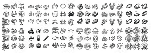 Seafood icons with shell crab sushi outline