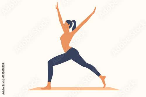 Caucasian young female performing yoga warrior pose on mat