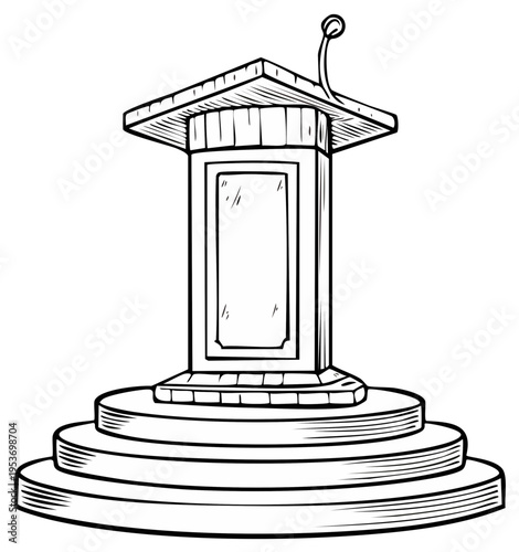 Classic wooden lectern with microphone on a stage hand drawn vector illustration