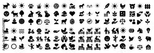 Farm icons with horse chicken paw solid