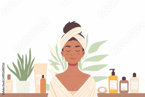 Young african female relaxing in spa setting with skincare products