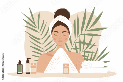 Asian female relaxing at spa with skincare products and tropical leaves