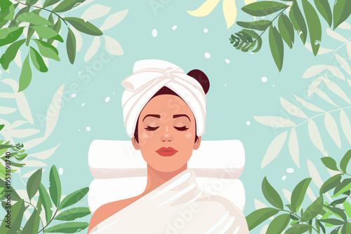 Relaxed female spa experience with tropical leaves and towel wrap