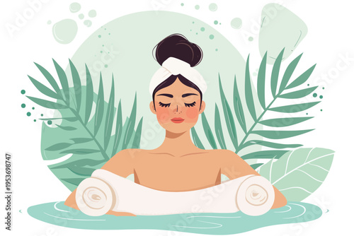 Peaceful spa day for young hispanic female relaxing in water with greenery and towels