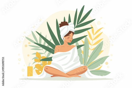 Meditative young adult female wrapped in towel with tropical leaves in background
