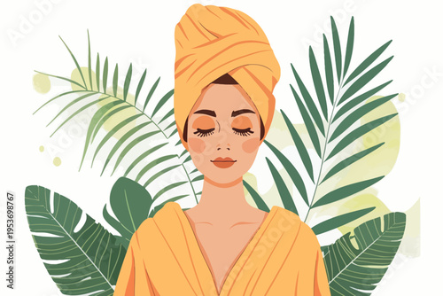 Relaxed female with towel turban, eyes closed, surrounded by tropical leaves