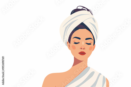Young asian female with towel turban relaxing in spa setting