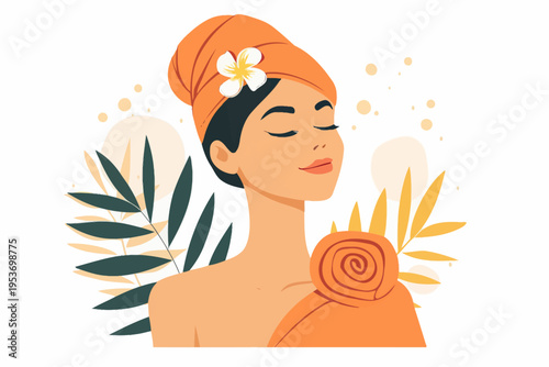 Relaxed spa female with floral towel turban and tropical leaves