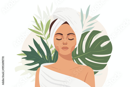 Relaxed young female with towel turban and tropical leaves background