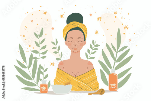 Young hispanic female in spa setting with relaxing aromatherapy elements