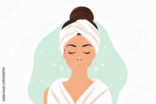 Relaxed young hispanic female with spa towel and sparkling aura