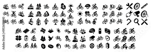 Cycling icons with bicycle helmet wheel bold solid
