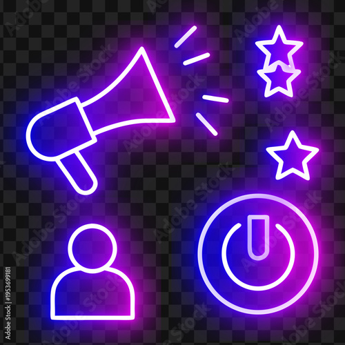 Neon Megaphone Stars Power Icon Set