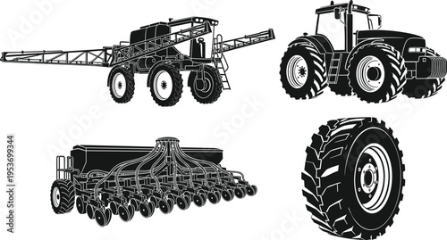 Agricultural machinery set with tractor, crop sprayer, seeder and tire illustrations, farming equipment collection for modern agriculture, production, rural industry and heavy machinery use