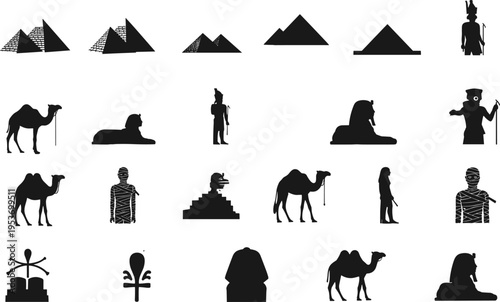 Ancient Egyptian silhouette collection featuring majestic pyramids, desert camels, Great Sphinx of Giza, mummified figures, pharaohs, and sacred cultural symbols isolated on a clean white background.
