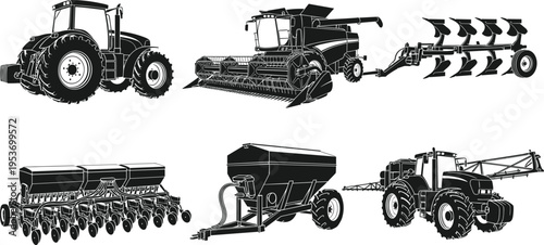 Agricultural machinery silhouettes set with tractor, combine harvester, plow, seeder and sprayer, farming equipment collection for crop production, rural industry and modern agriculture operations