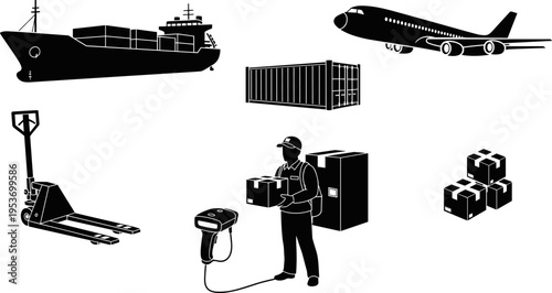 Black and white silhouette icons of global logistics industry featuring cargo ship, airplane, freight container, pallet jack, scanner, warehouse worker, and delivery cardboard boxes.