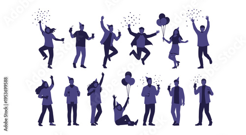 People celebrating party, collection of men and women with balloons confetti