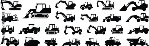 Collection of construction machinery silhouettes including excavators, loaders, bulldozers and trucks, industrial equipment icons set for engineering, mining, transport and infrastructure development