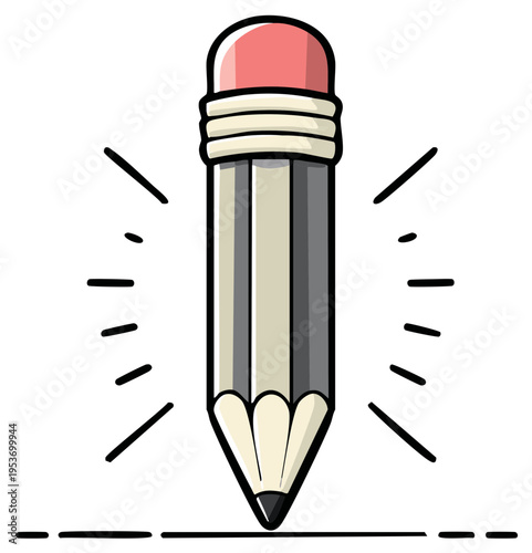 Cartoon pencil illustration with eraser and radiant lines, creative design concept.
