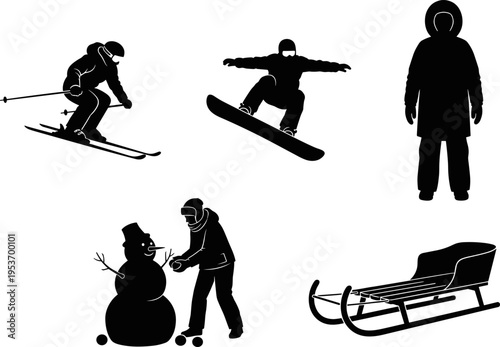 Black and white winter silhouettes set featuring a skier, snowboarder jumping, person in heavy parka, building a snowman, and a traditional wooden sled for snow.