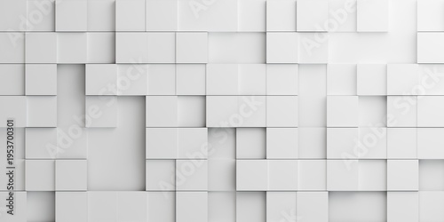 Seamless 3D white square blocks texture background. High-detail geometric abstract wall pattern for professional technology and architecture presentations.