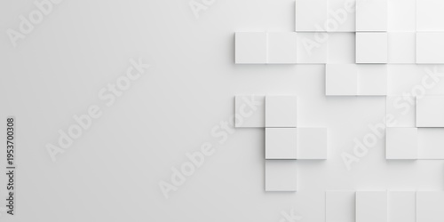 Abstract white 3D cube blocks background with empty copy space on the left. Minimalist geometric pattern for modern corporate branding and web headers.